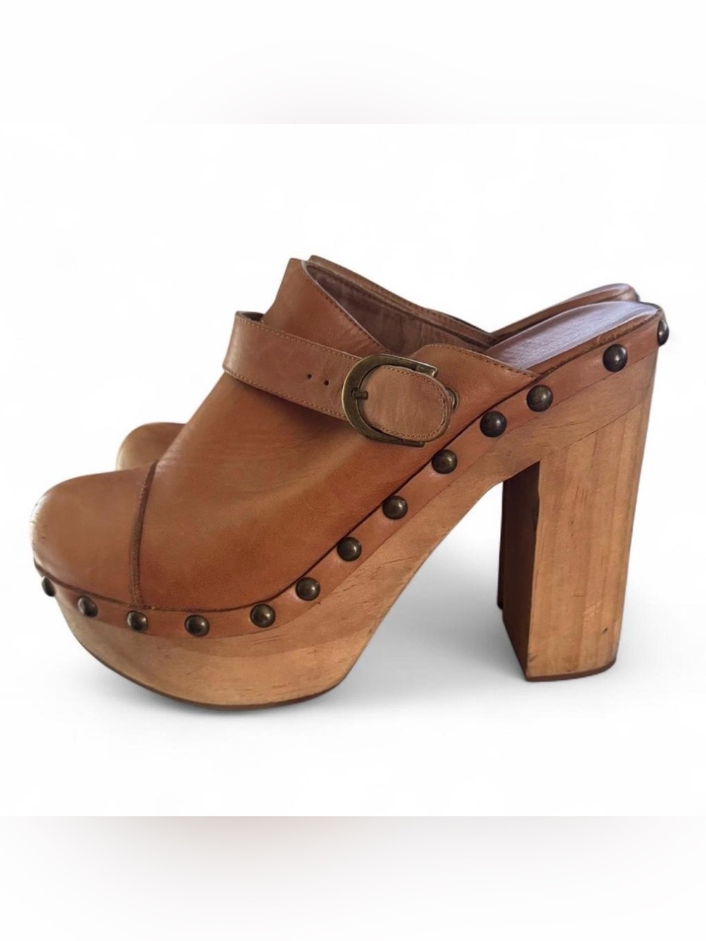 Women's Brown Leather Studded Clog Mules with Buckle Strap